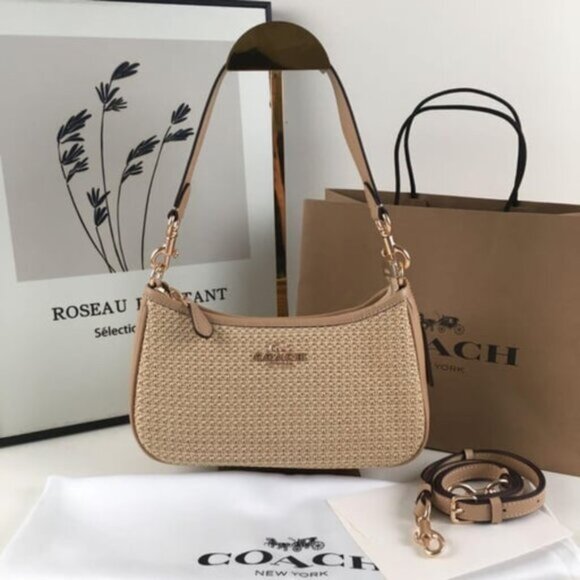 COACH CR350 Teri 2way Shoulder Bag Crossbody Straw Leather Latte Multi New